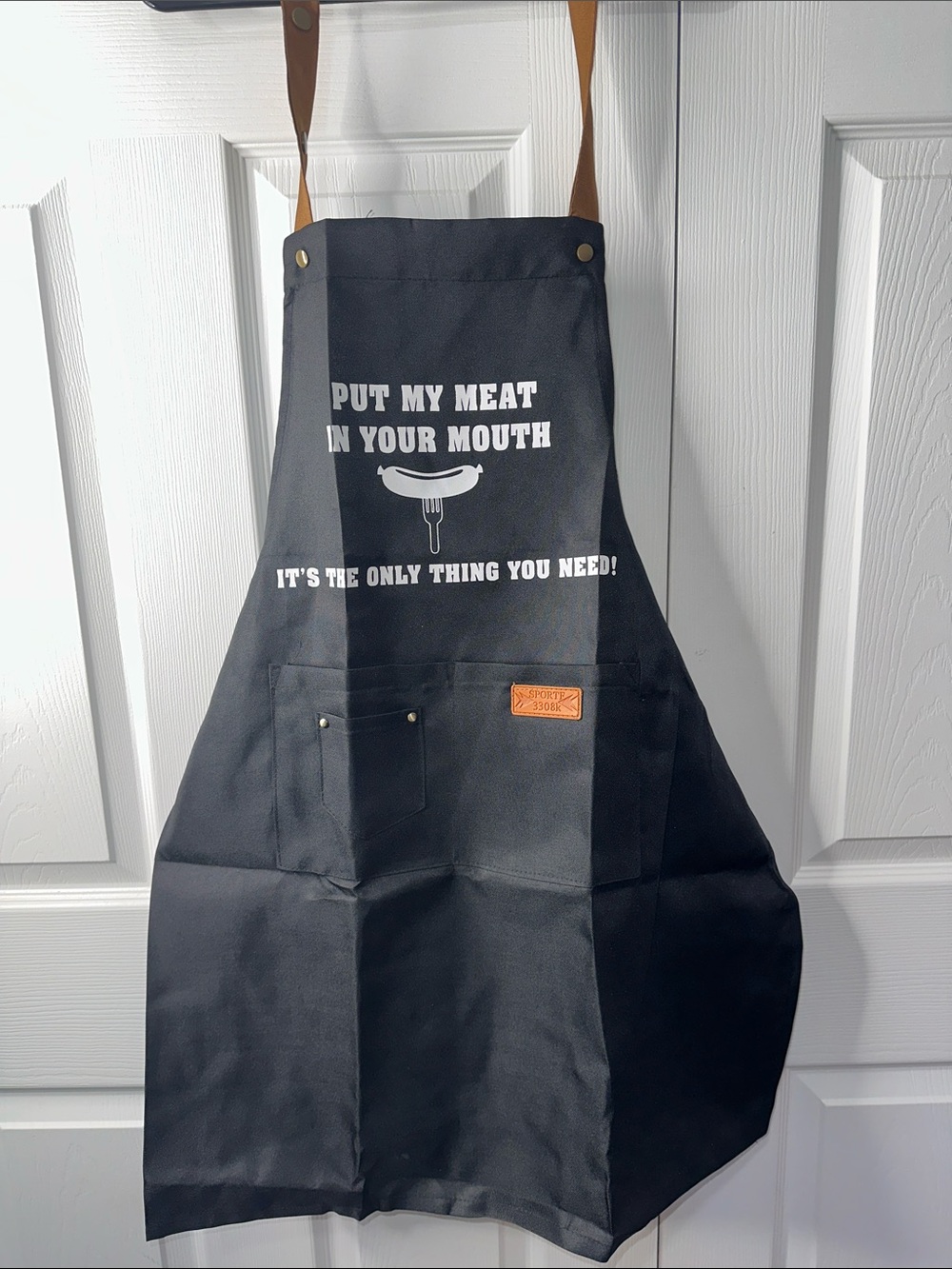 Men's Black Grill Apron with Leather Straps and Tool Pocket